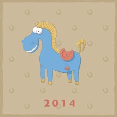 New Year retro card with funny cartoon horse