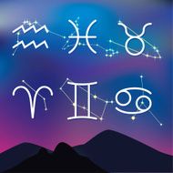 Astrological signs Night mountain landscape with Zodiac constel