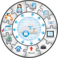 cloud hosting with web icons in puzzle shapes N2
