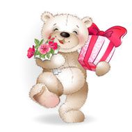 Happy bear runs with gifts