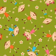 Seamless pattern with children on grass and flowers Vector background