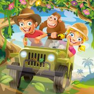 Funny Vector Cartoon Children driving in Off-Road Car through Jungle