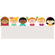 Multi ethnic group of kids holding horizontal blank banner