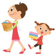 Parent and child who carry laundry