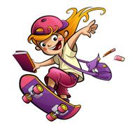 Cartoon happy smiling student girl with skateboard going to school