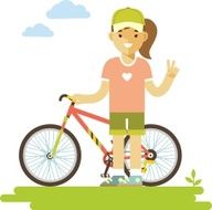 Young bicycle rider woman with bike in flat style