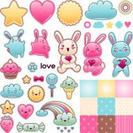 Set of decorative design elements with kawaii doodles