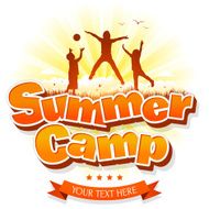 Summer Camp with happy group of children or kids jumping