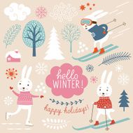 Cute rabbits and winter grachic elements