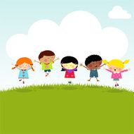 Kids on the hill happy jumping vector illustration myillo