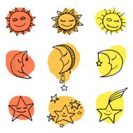 Sun moon and stars vector icons