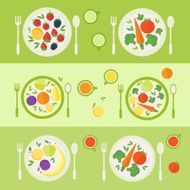 Plates with fruits and vegetables Lunch time Vector illustration
