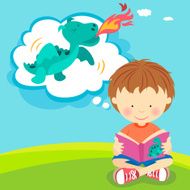 Boy imagining fire breathing dragon from book