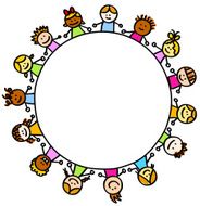 multi ethnic happy children holding hands with banner cartoon illustration