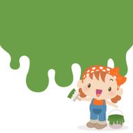 Cute girl painting wall green with a paint brush