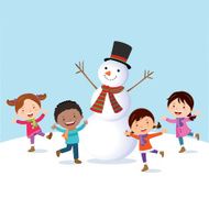 Winter fun Cheerful kids with snowman