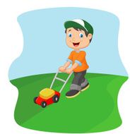 Young man cartoon cutting grass with a push lawn mower