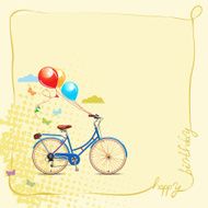 Birthday greeting card in cartoon style with bicycle and balloons