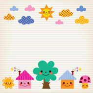 cute houses tree sun mushroom clouds kids lined paper background