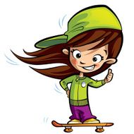 Happy cute girl on a skateboard making thumbs up gesture
