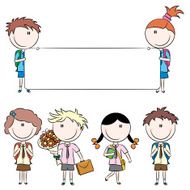 Cheerfull cute school kids with empty banner flowers and books