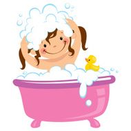 Baby kid girl bathing in bath tub and washing hair