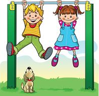 Boy and Girl Swinging from Monkey Bar