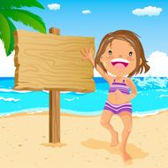 Little girl stand near by the wooden signboard