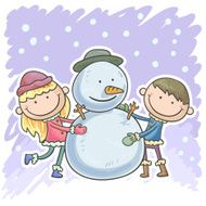 Little boy girl and snowman