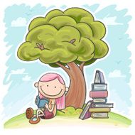 Little girl reading under the tree