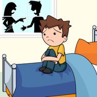 Sad child in bedroom arguing people