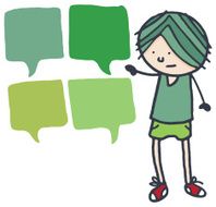 Boy in green with four speech bubbles
