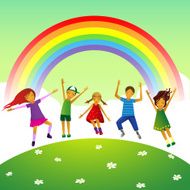 Children Playing Hill Rainbow Vector Illustration