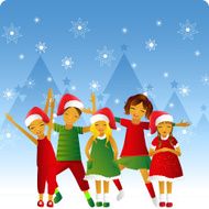 Children Boys Girls Christmas Caroling Winter Snowing Vector Illustration