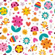 cute cartoon mushrooms flowers hearts &amp; birds nature seamless pattern