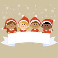 Kids dressed in Christmas costumes holding horizontal blank banner