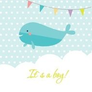 Baby boy shower card with cute whale and flags