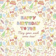 Happy birthday party greeting card with hand drawn pattern