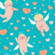 Valentines Day romantic seamless pattern with cute cupid and hearts