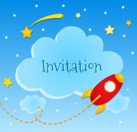 Blue invitation card with clouds and spaceship stickers