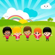 Active Happy School Children Holding Hands Outdoors in the Sunshine