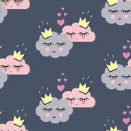 Seamless pattern with smiling sleeping clouds in love for holidays