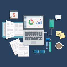 Flat design of office workplace with laptop