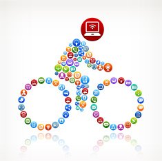 Stick Figure on Bicycle with Social Networking and Internet Set