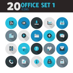 Blue flat round button office set 1 icons