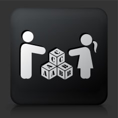 Black Square Button with Two Children Playing Letter Blocks