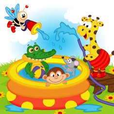 animals in inflatable pool