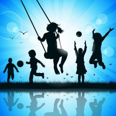 Silhouette of happy children playing and jumping
