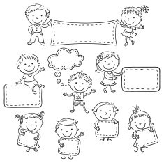 Kids with Blank Signs black and white outline free image download