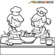Children cooking coloring book page